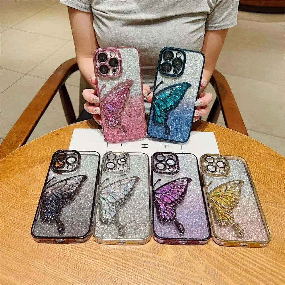For iPhone 15 Pro TPU Case Quicksand Butterfly Glitter Electroplating Phone Cover - Gold - 5