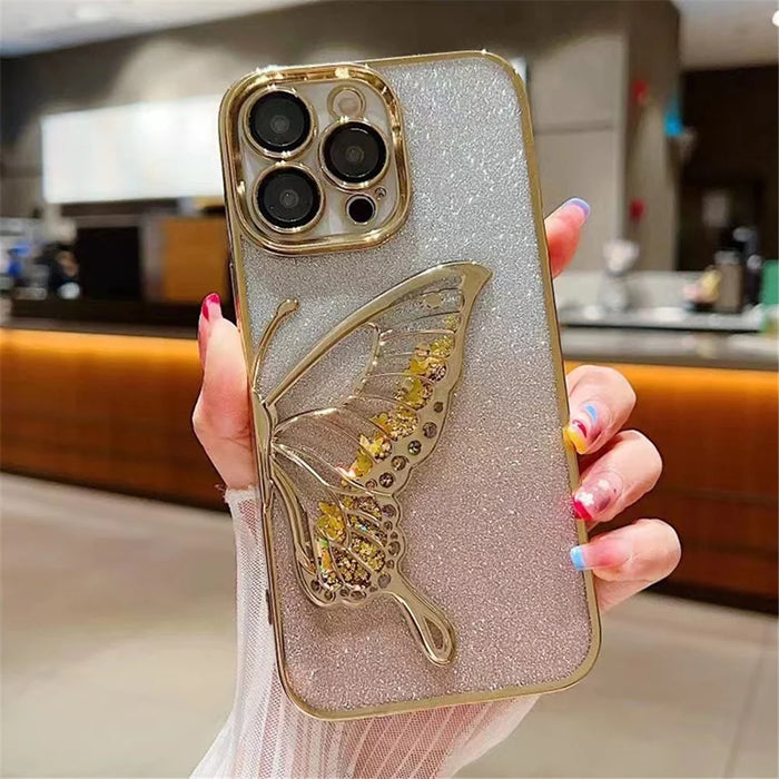 For iPhone 15 Pro Max Case Quicksand Butterfly Electroplating TPU Glitter Phone Cover - Gold - 2