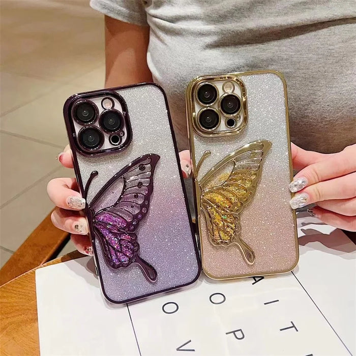 For iPhone 15 Pro Max Case Quicksand Butterfly Electroplating TPU Glitter Phone Cover - Gold - 3