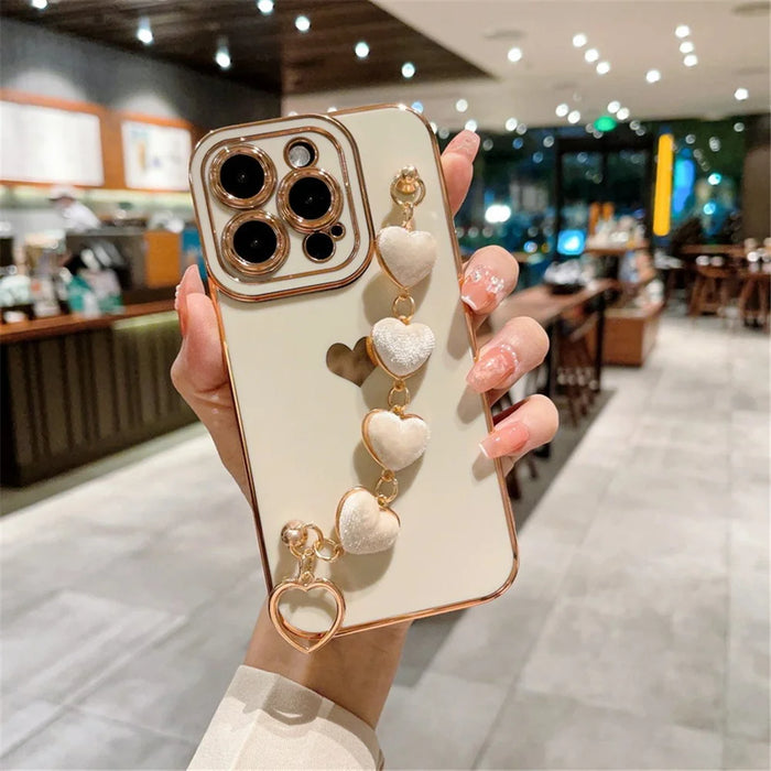 For iPhone 15 Pro Max Case Electroplating Phone TPU Cover with Plush Heart Chain Strap - White - 1
