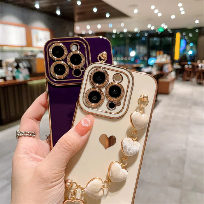 For iPhone 15 Pro Max Case Electroplating Phone TPU Cover with Plush Heart Chain Strap - White - 5