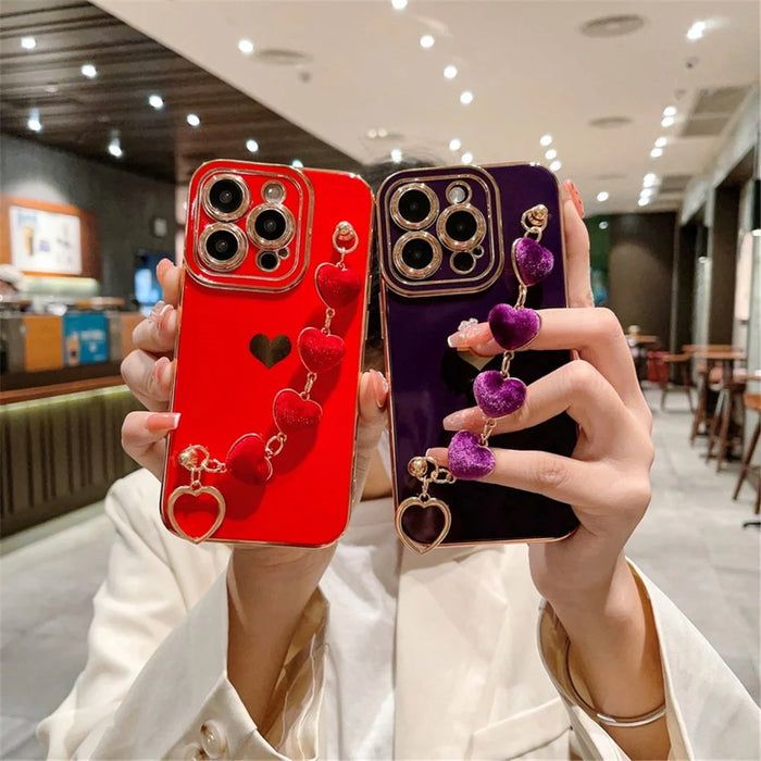 For iPhone 15 Pro Max Case Electroplating Phone TPU Cover with Plush Heart Chain Strap - White - 6