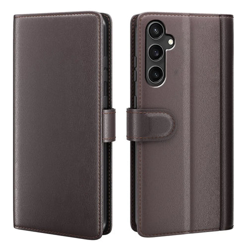 For Samsung Galaxy S23 FE Case Genuine Split Leather Phone Cover with Wallet Stand - Brown - 1