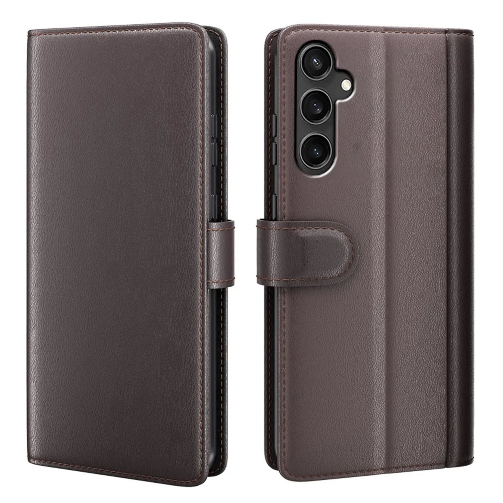 For Samsung Galaxy S23 FE Case Genuine Split Leather Phone Cover with Wallet Stand - Brown - 1