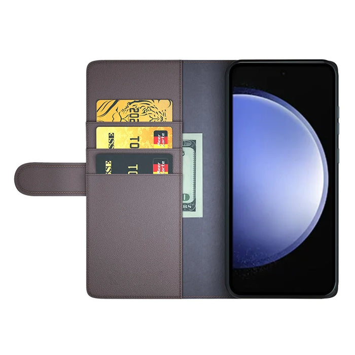 For Samsung Galaxy S23 FE Case Genuine Split Leather Phone Cover with Wallet Stand - Brown - 2