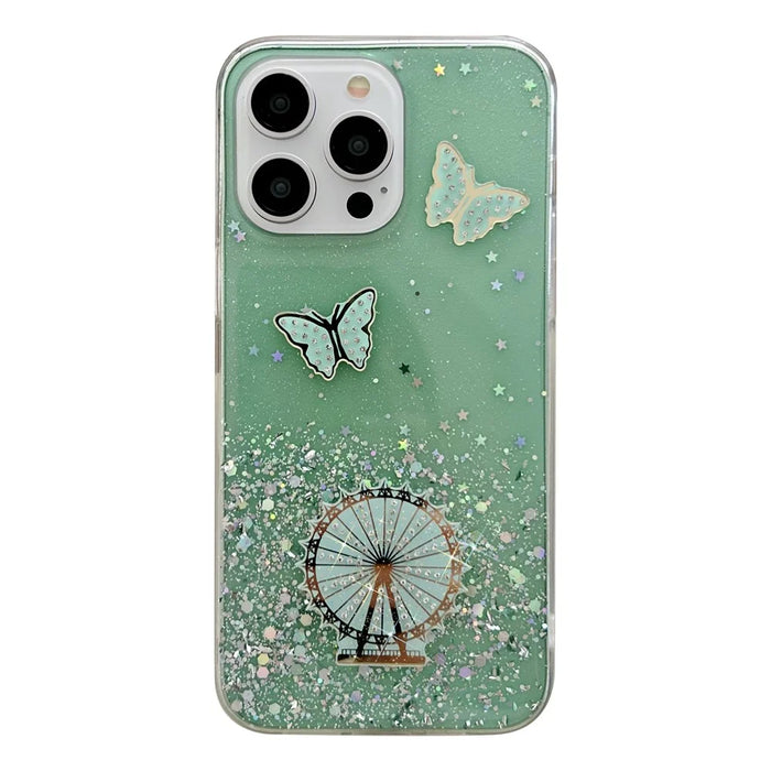 For iPhone 15 Pro Case TPU Epoxy Ferris Wheel Sparkle Glitter Cover - Green - 1