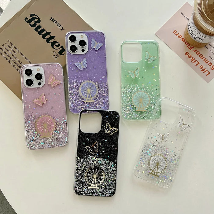 For iPhone 15 Pro Case TPU Epoxy Ferris Wheel Sparkle Glitter Cover - Green - 5