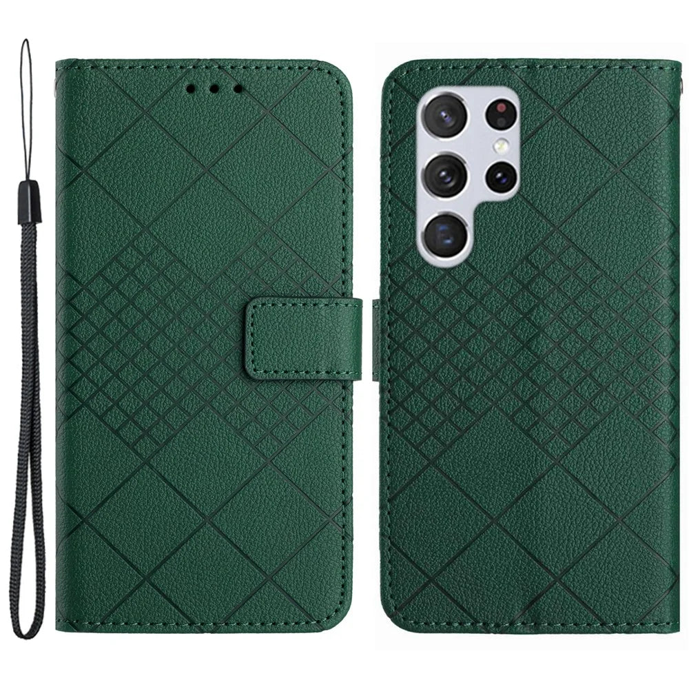 HT06 For Samsung Galaxy S24 Ultra Case Litchi Texture Rhombus Imprinted Wallet Cover - Green - 1