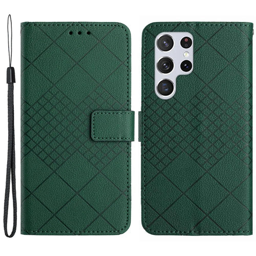 HT06 For Samsung Galaxy S24 Ultra Case Litchi Texture Rhombus Imprinted Wallet Cover - Green - 1