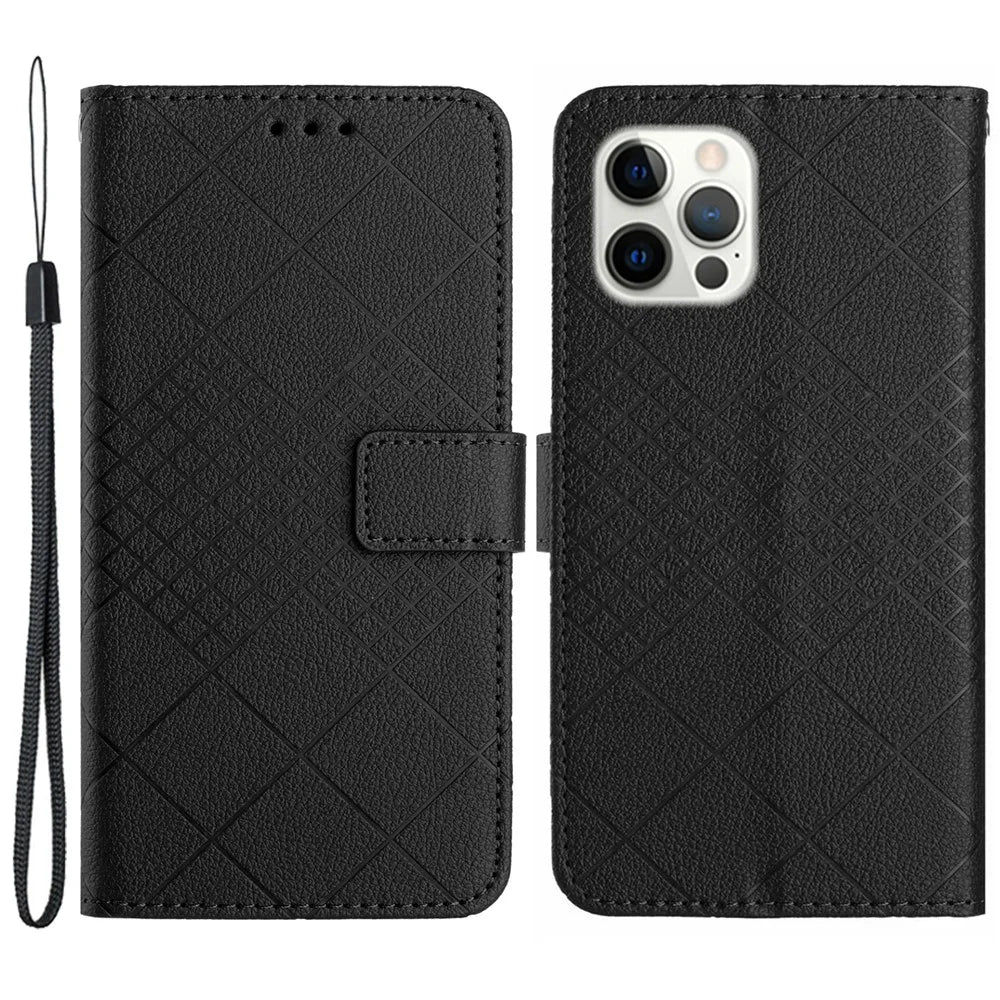 HT06 For iPhone 13 Pro Max 6.7 inch Case PU Leather Rhombus Pattern Phone Protector - Black - 1