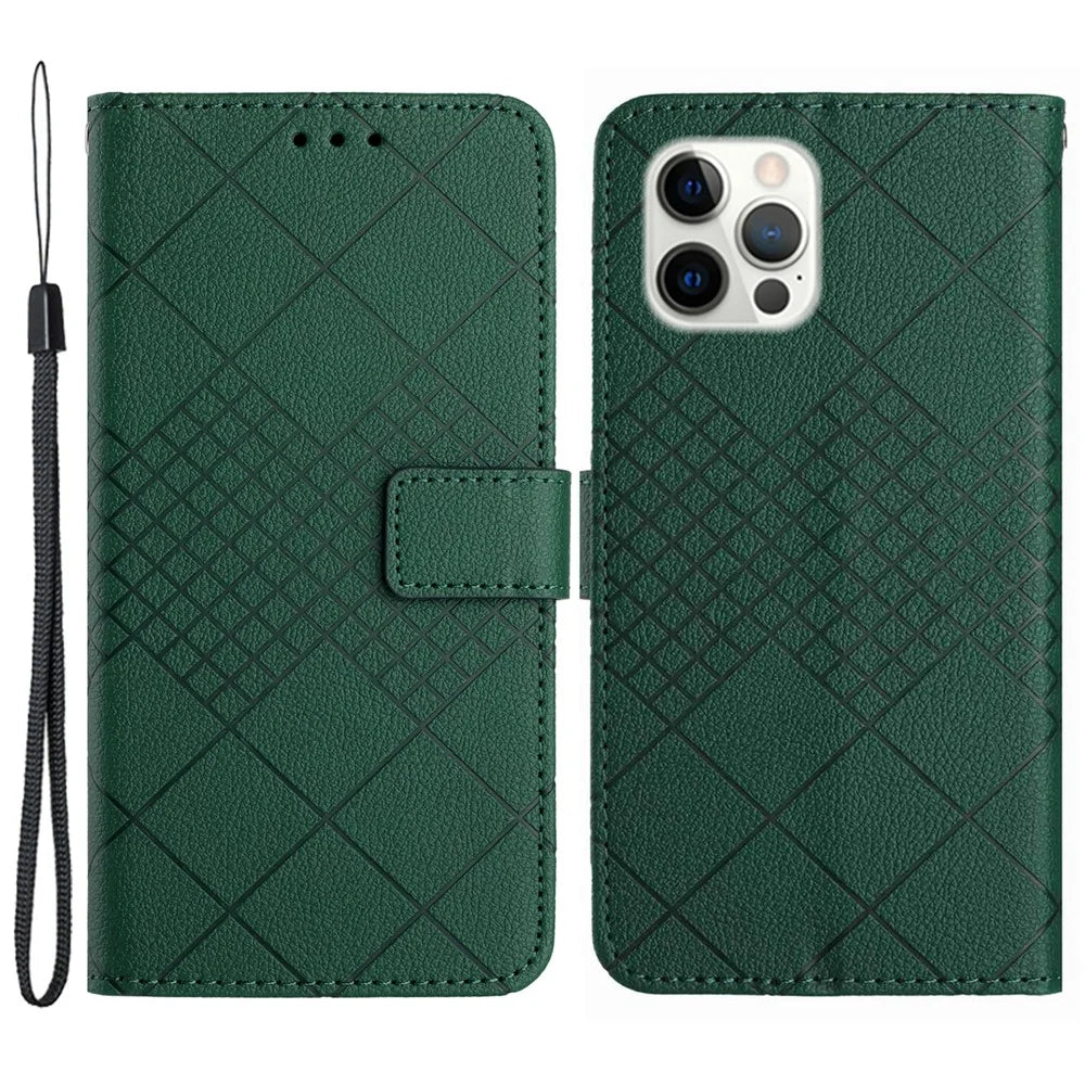 HT06 For iPhone 15 Pro Max Case PU Leather Litchi Texture Stand Phone Cover - Green - 1