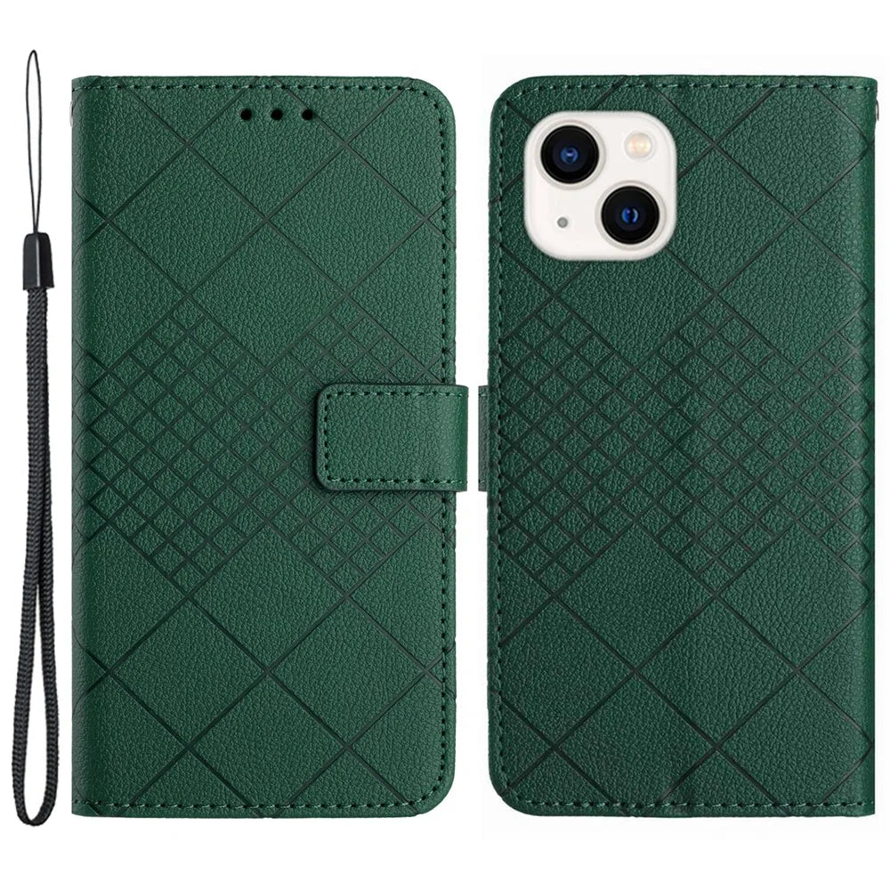 HT06 For iPhone 14 Case PU Leather Rhombus Pattern Imprint Stand Mobile Phone Cover - Green - 1