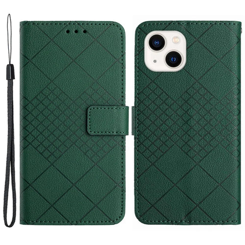 HT06 For iPhone 14 Case PU Leather Rhombus Pattern Imprint Stand Mobile Phone Cover - Green - 1