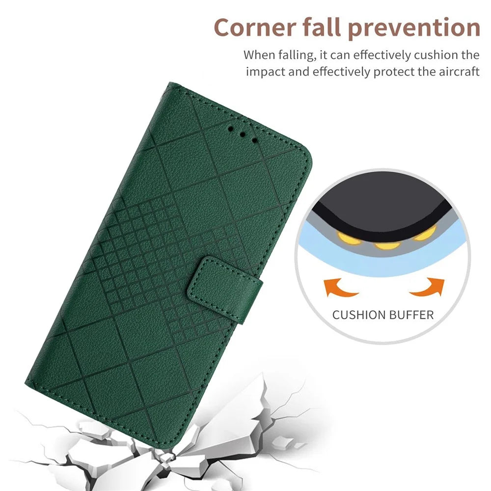 HT06 For iPhone 14 Case PU Leather Rhombus Pattern Imprint Stand Mobile Phone Cover - Green - 5