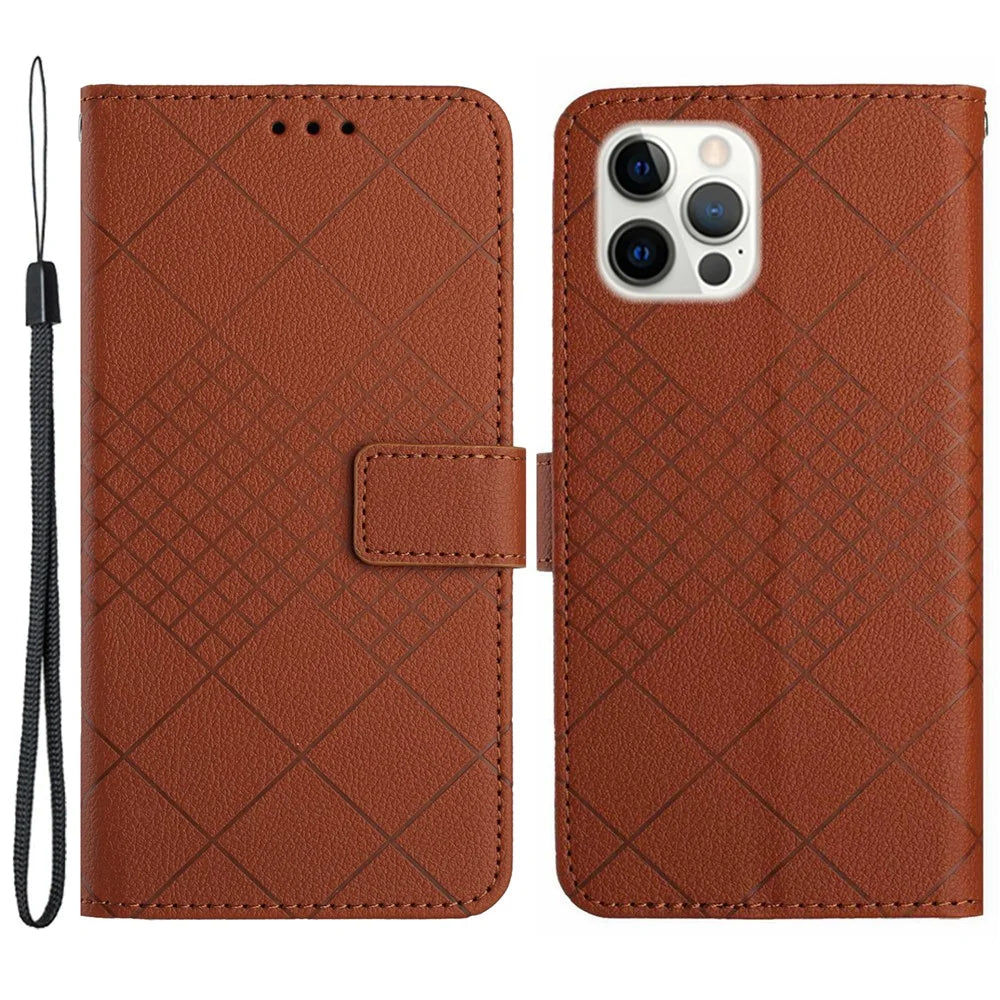 HT06 For iPhone 14 Pro Case Imprint PU Leather Litchi Texture Phone Cover - Brown - 1