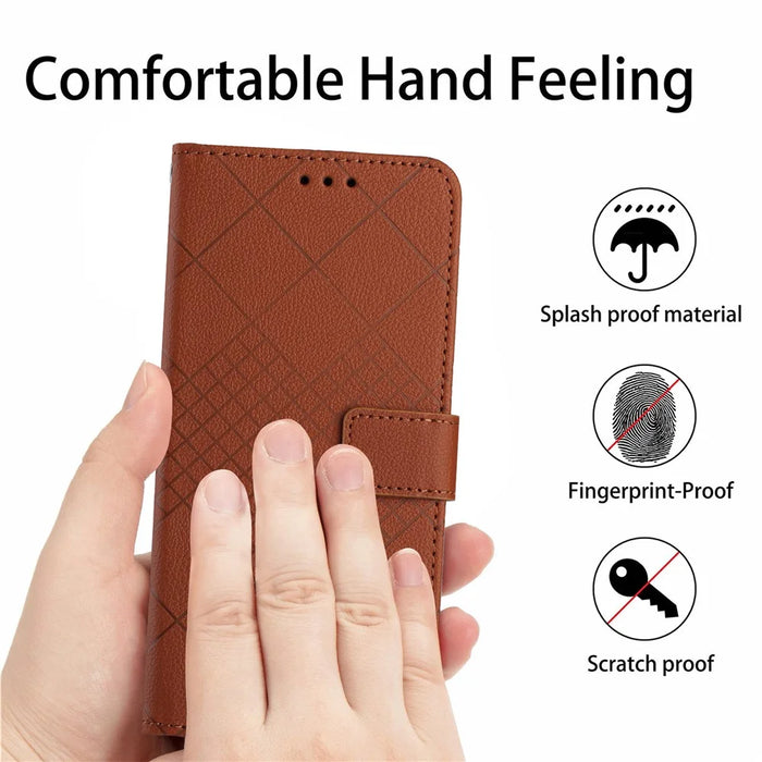 HT06 For iPhone 14 Pro Case Imprint PU Leather Litchi Texture Phone Cover - Brown - 4