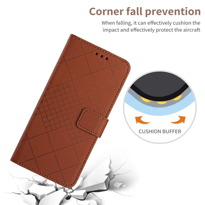 HT06 For iPhone 14 Pro Case Imprint PU Leather Litchi Texture Phone Cover - Brown - 5