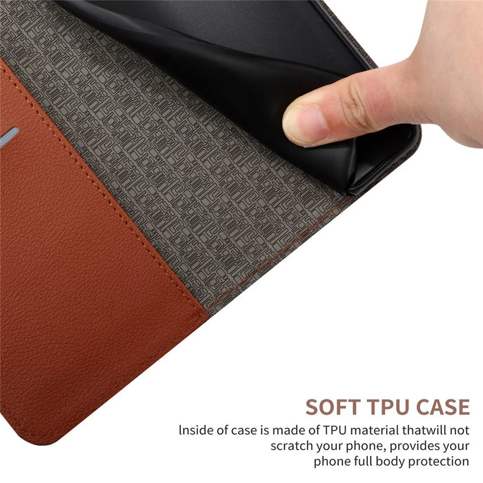 HT06 For iPhone 14 Pro Case Imprint PU Leather Litchi Texture Phone Cover - Brown - 7