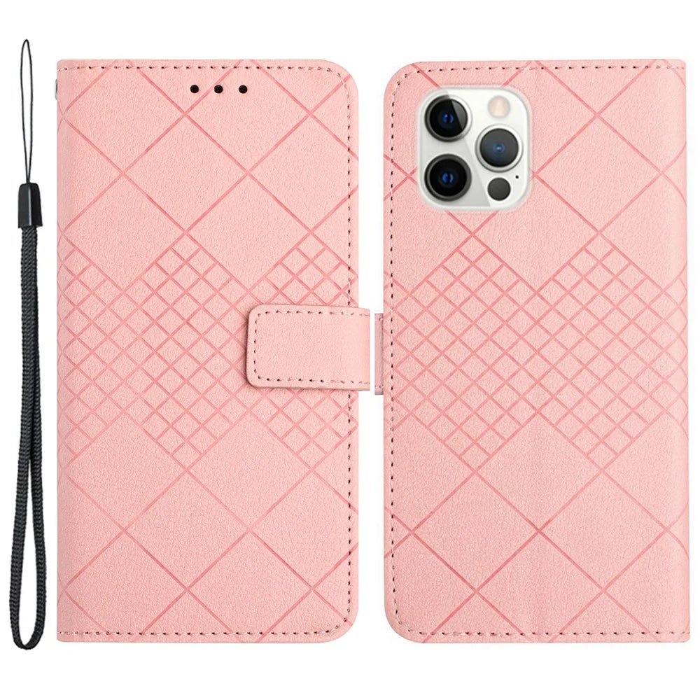 HT06 For iPhone 15 Pro Case PU Leather Litchi Texture Stand Smart Phone Cover - Pink - 1