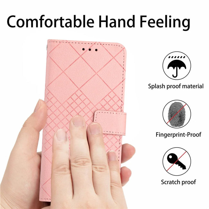 HT06 For iPhone 13 6.1 inch Case Imprint Rhombus Pattern Stand PU Leather Phone Cover - Pink - 4