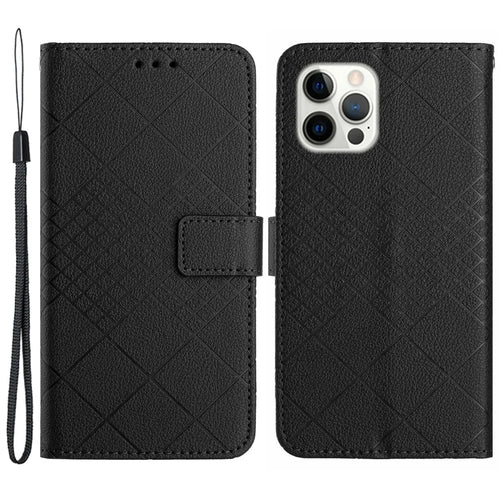 HT06 For iPhone 14 Pro Max Case Imprint Litchi Texture PU Leather Stand Smart Phone Cover - Black - 1
