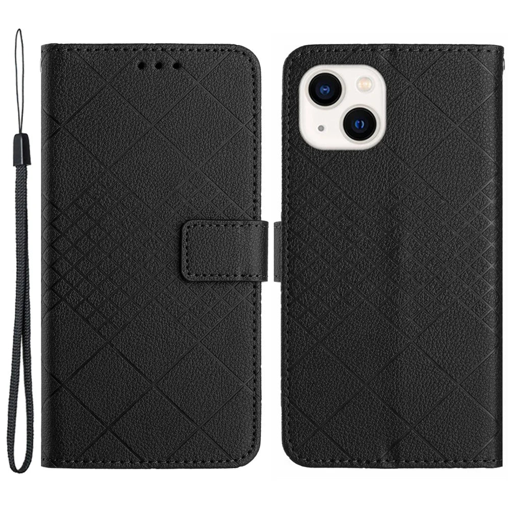HT06 For iPhone 15 Case PU Leather Rhombus Pattern Scratch-resistant Phone Cover - Black - 1