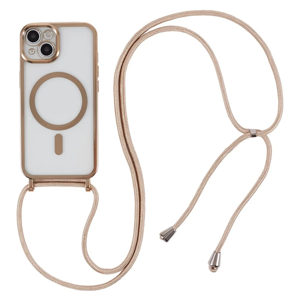 For iPhone 15 Case Compatible with MagSafe Electroplating TPU Cellphone Protector with Long Lanyard - Gold - 1