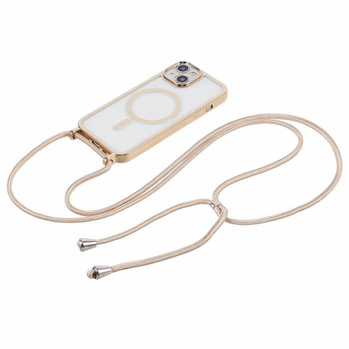 For iPhone 15 Case Compatible with MagSafe Electroplating TPU Cellphone Protector with Long Lanyard - Gold - 2