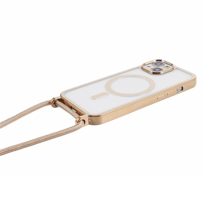For iPhone 15 Case Compatible with MagSafe Electroplating TPU Cellphone Protector with Long Lanyard - Gold - 4