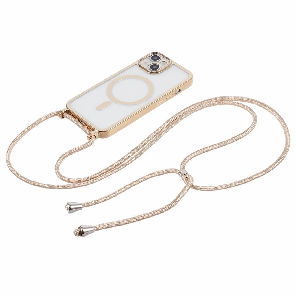 For iPhone 15 Plus Case with Long Lanyard Electroplating TPU Phone Cover Compatible with MagSafe - Gold - 2