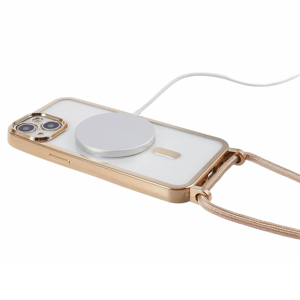 For iPhone 15 Plus Case with Long Lanyard Electroplating TPU Phone Cover Compatible with MagSafe - Gold - 3