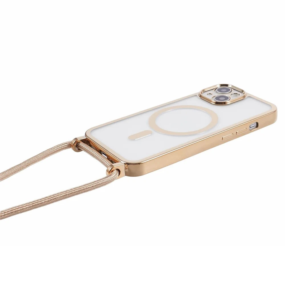 For iPhone 15 Plus Case with Long Lanyard Electroplating TPU Phone Cover Compatible with MagSafe - Gold - 4