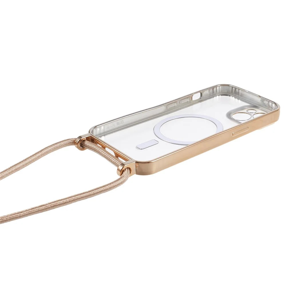 For iPhone 15 Plus Case with Long Lanyard Electroplating TPU Phone Cover Compatible with MagSafe - Gold - 5