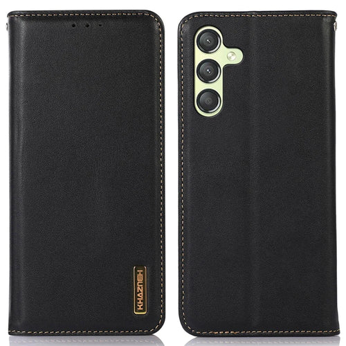 KHAZNEH For Samsung Galaxy A25 5G (Global) (161.0 x 76.5 x 8.3mm) Case Genuine Cow Leather Wallet Phone Cover - Black - 1