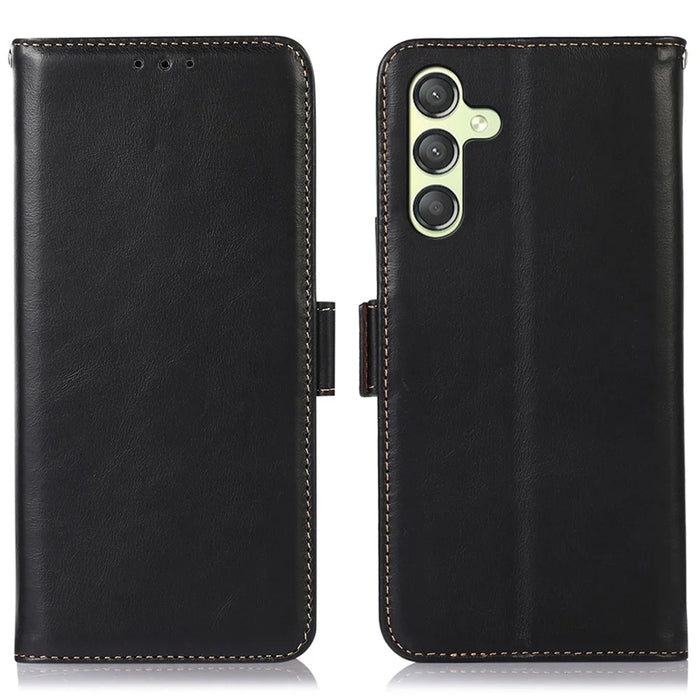 For Samsung Galaxy A25 5G (Global) (161.0 x 76.5 x 8.3mm) Case Genuine Cow Leather Folio Phone Cover with RFID Blocking - Black - 1