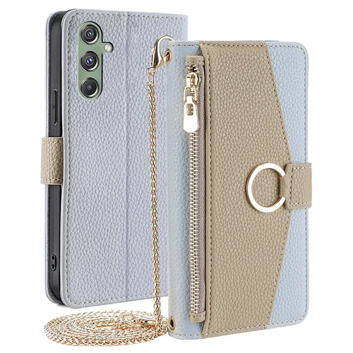 For Samsung Galaxy M34 5G / F34 5G Case PU Leather Crossbody Phone Cover with Makeup Mirror - Blue - 1