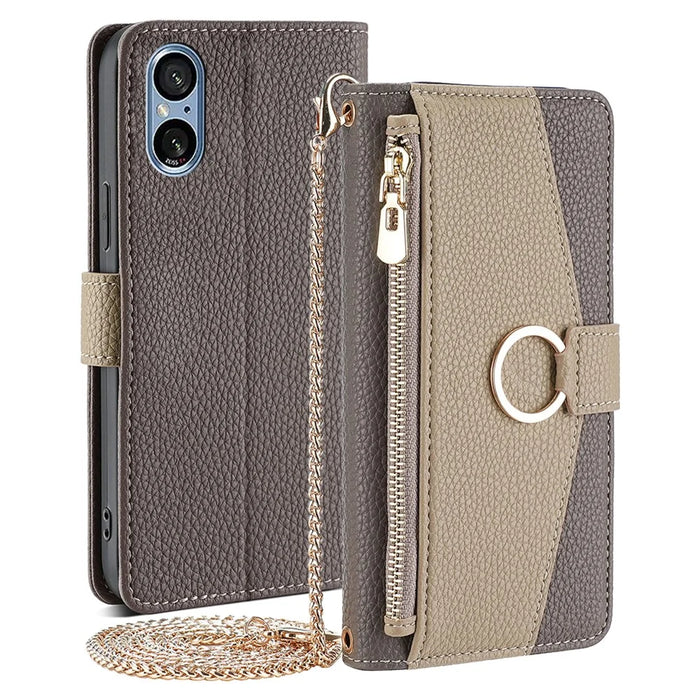 For Sony Xperia 5 V Case Wallet PU Leather Crossbody Phone Cover with Makeup Mirror - Grey - 1