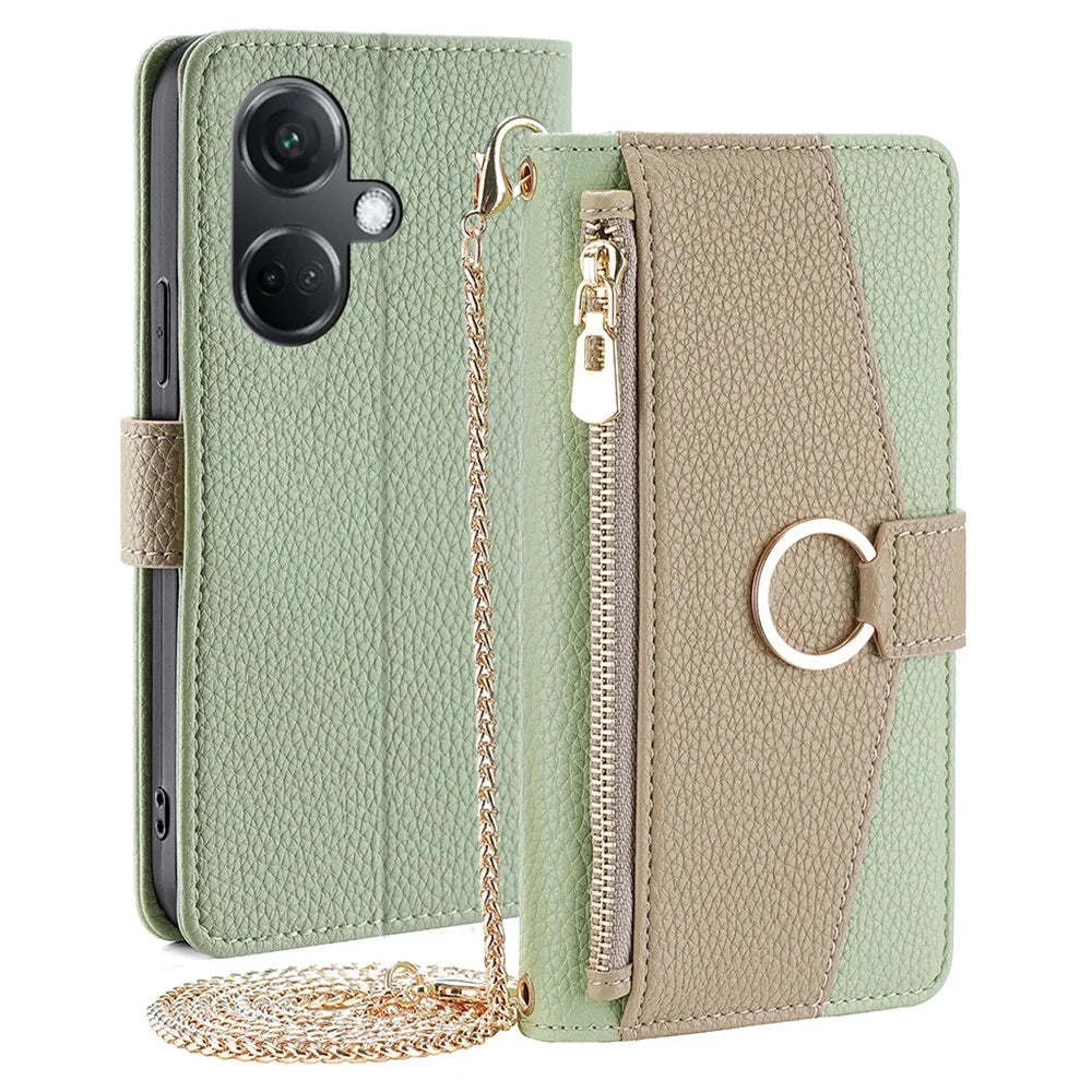 For OnePlus Nord CE3 5G Case Zipper Pocket Makeup Mirror PU Leather Phone Cover - Green - 1