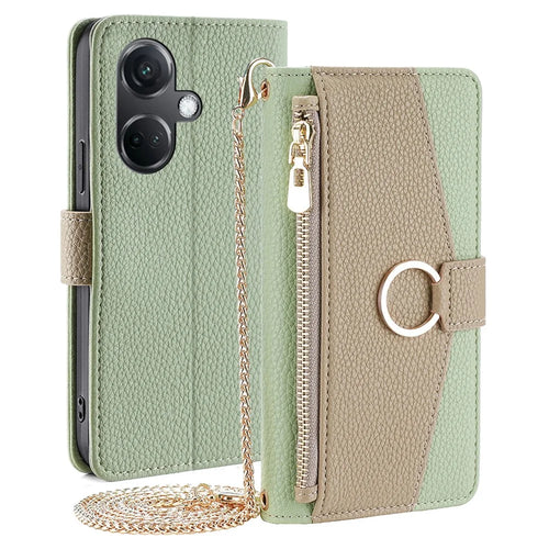 For OnePlus Nord CE3 5G Case Zipper Pocket Makeup Mirror PU Leather Phone Cover - Green - 1