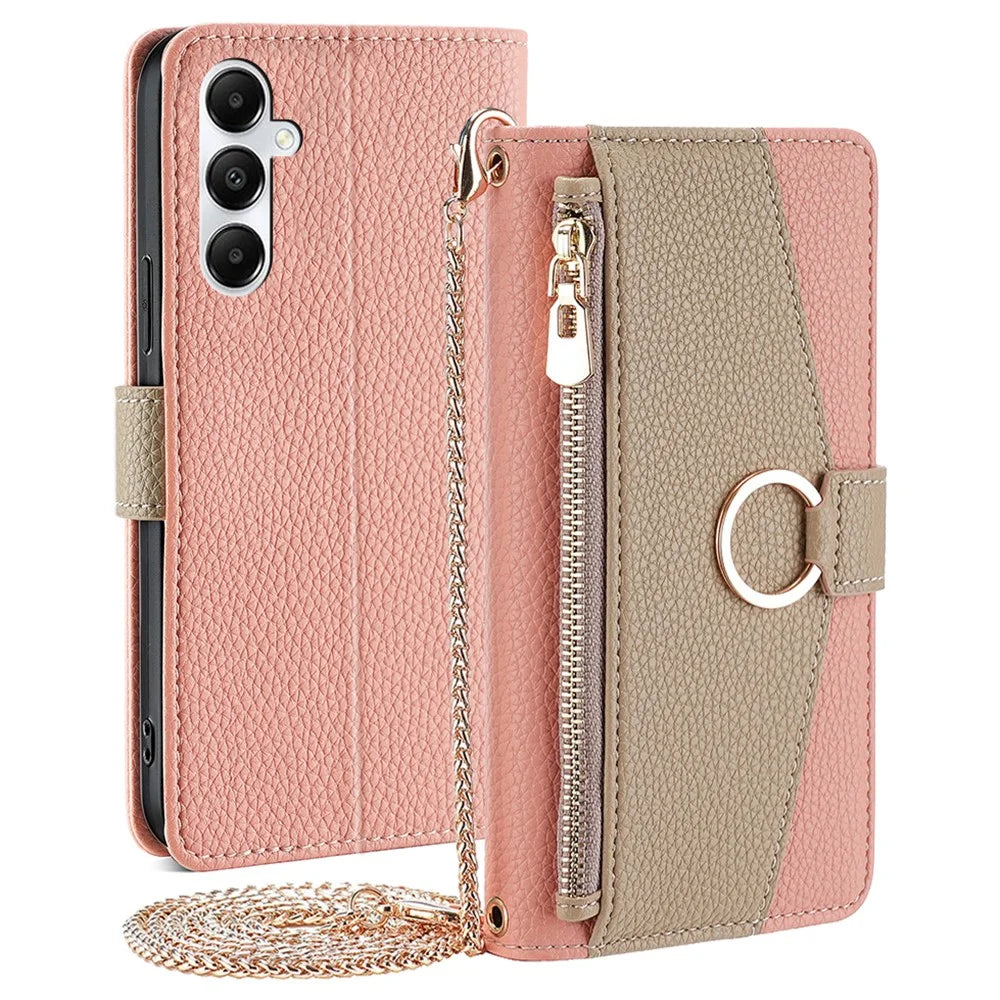 For Samsung Galaxy A05s 4G Case PU Leather Flip Cover with Makeup Mirror - Pink - 1