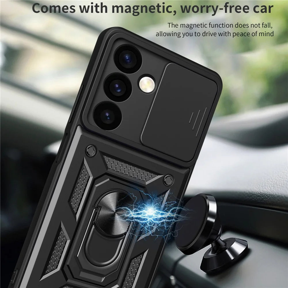 For Samsung Galaxy S24+ Case PC+TPU Kickstand Slide Lens Lid Mobile Phone Cover - Black - 4