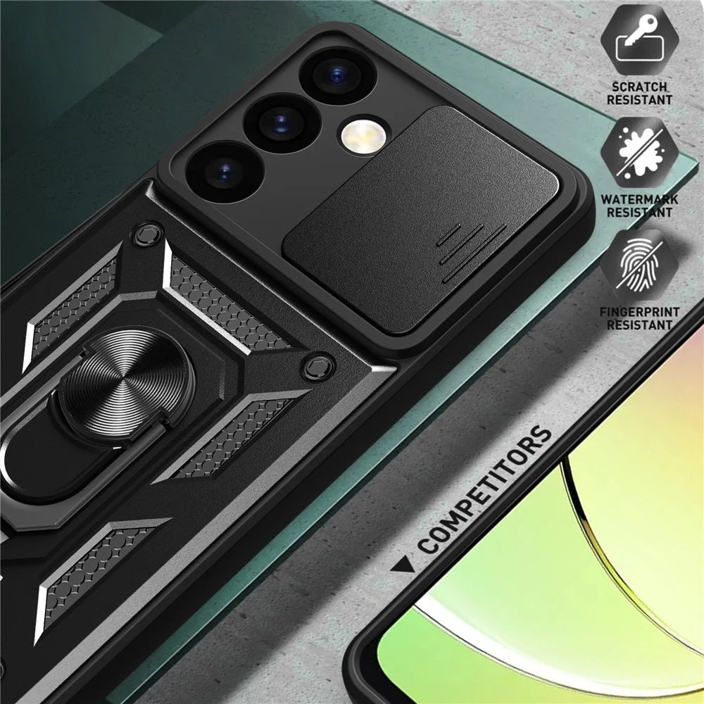 For Samsung Galaxy S24+ Case PC+TPU Kickstand Slide Lens Lid Mobile Phone Cover - Black - 5