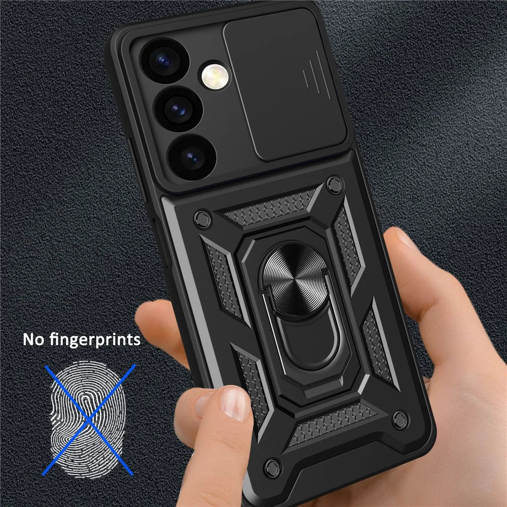 For Samsung Galaxy S24+ Case PC+TPU Kickstand Slide Lens Lid Mobile Phone Cover - Black - 6