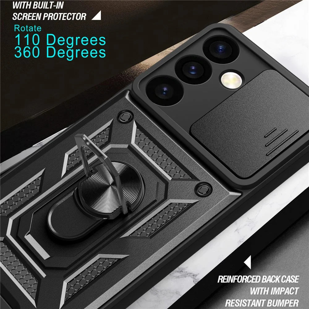 For Samsung Galaxy S24+ Case PC+TPU Kickstand Slide Lens Lid Mobile Phone Cover - Black - 7