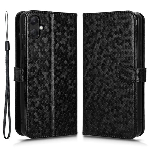 For Samsung Galaxy A05 4G Case Imprinted PU Leather Wallet Phone Shell with Strap - Black - 1