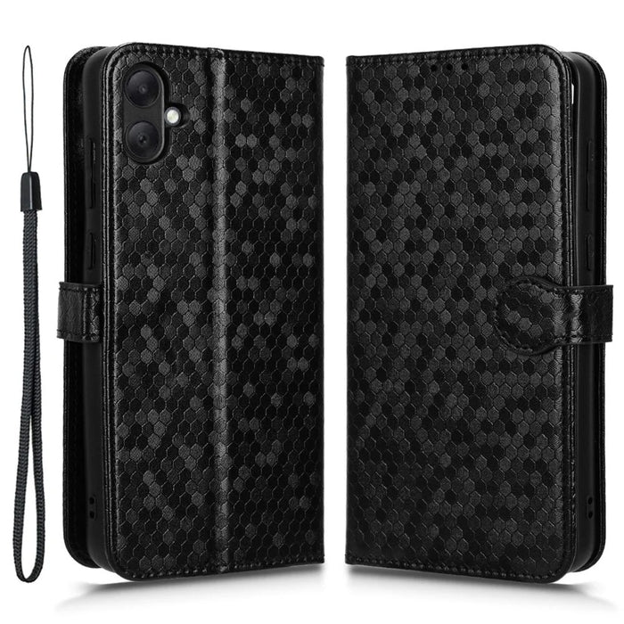 For Samsung Galaxy A05 4G Case Imprinted PU Leather Wallet Phone Shell with Strap - Black - 1