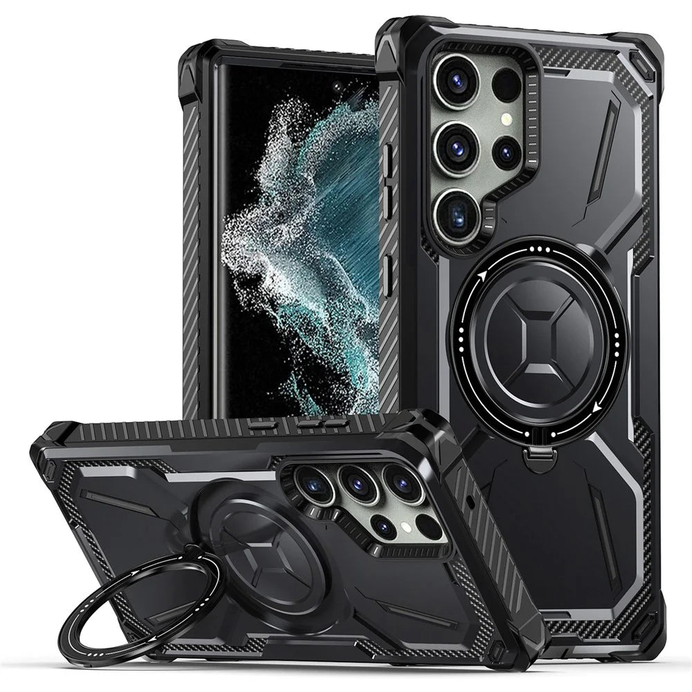 For Samsung Galaxy S22 Ultra 5G Case Ring Kickstand Magnetic Phone Cover - Black - 1