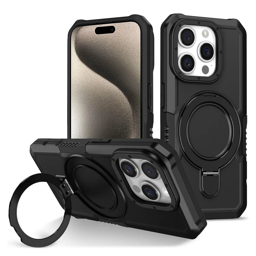 For iPhone 15 Pro Max Ring Kickstand Case TPU + PC Magnetic Phone Cover - Black - 1