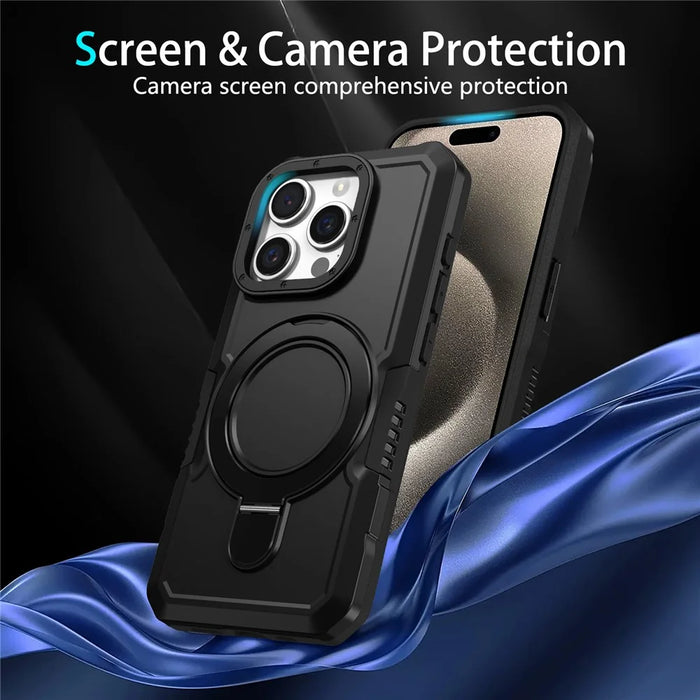 For iPhone 15 Pro Max Ring Kickstand Case TPU + PC Magnetic Phone Cover - Black - 7