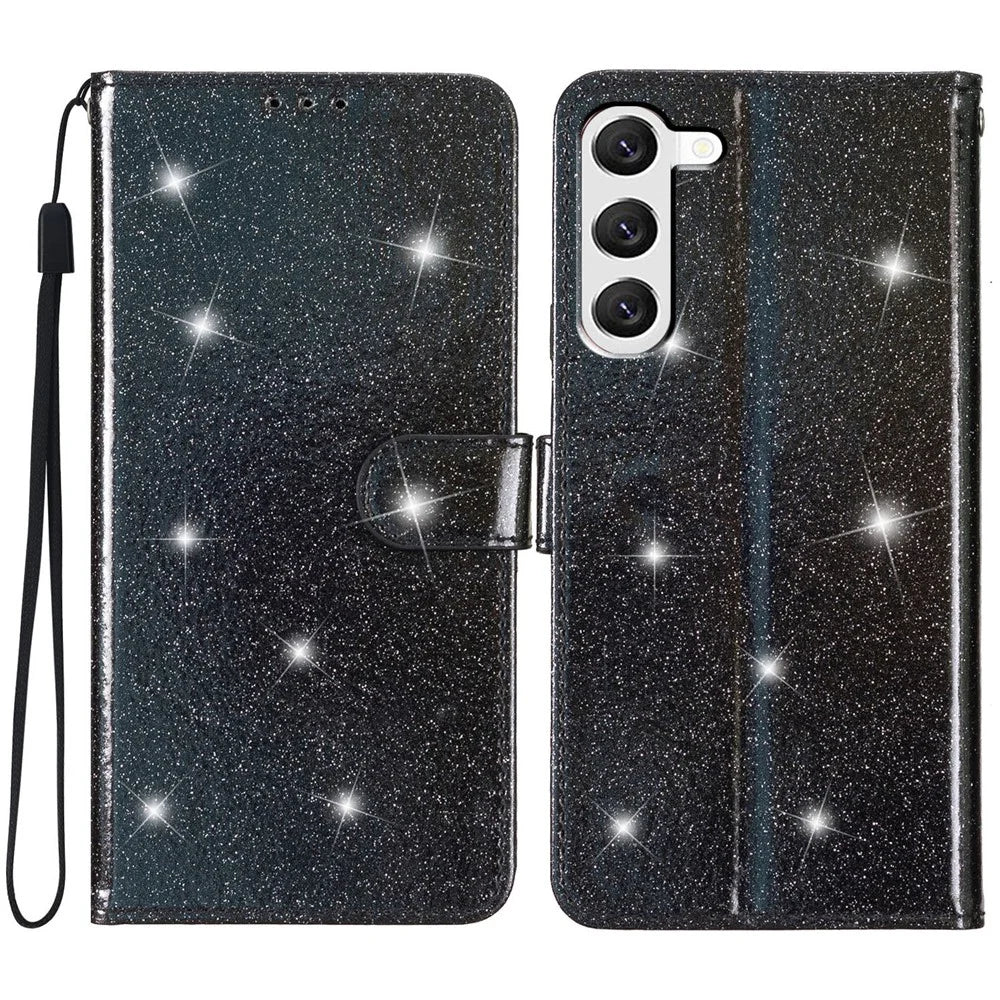 For Samsung Galaxy S24 Case Glittery PU Leather Anti-drop Wallet Cover - Black - 1